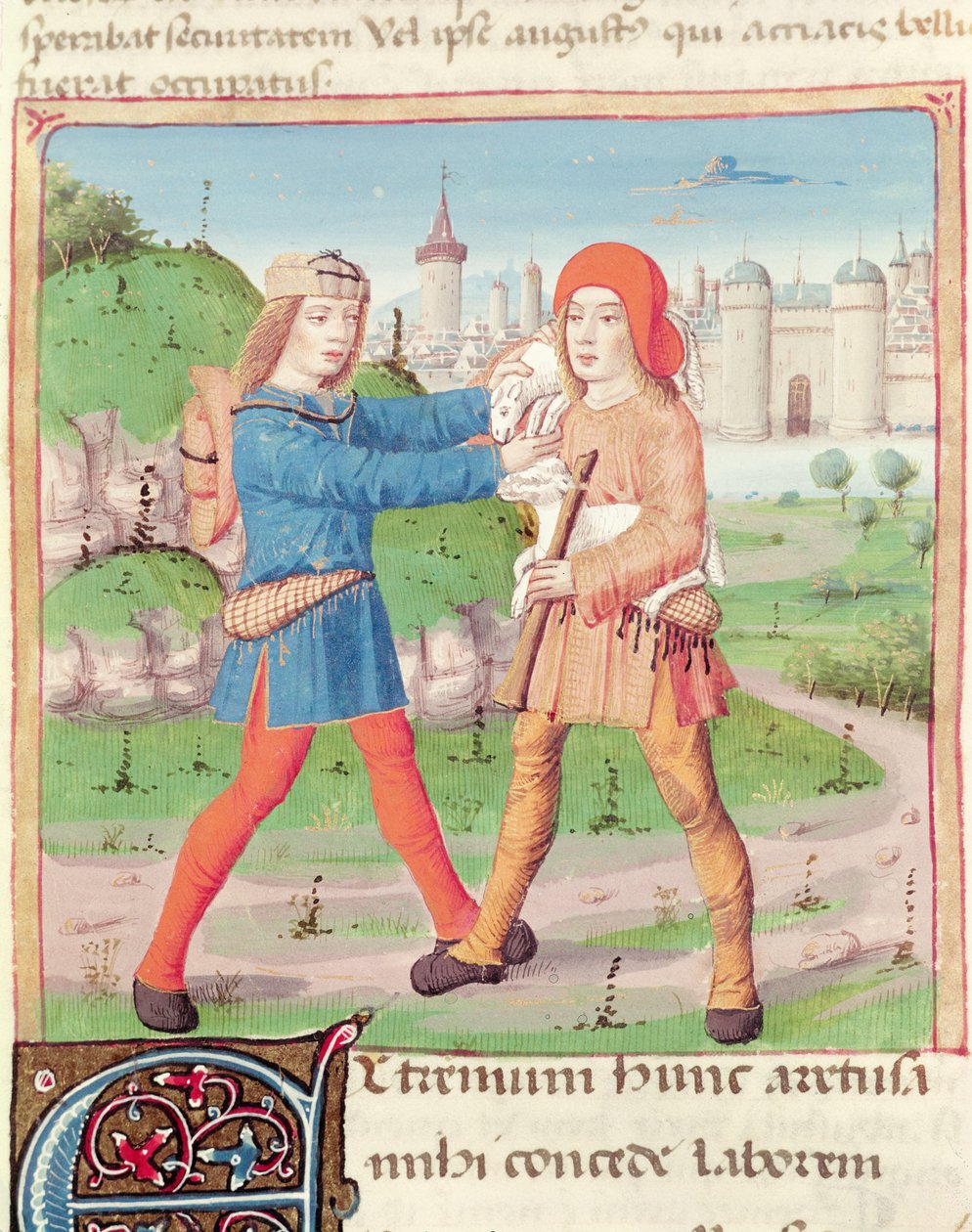 السيدة 493 ، ص 17 تبادل هدايا ، من The Eclogues by Virgil (70-19 قبل الميلاد) مع تعليق من سيرفيوس ، 1469 بواسطة المدرسة الفرنسية