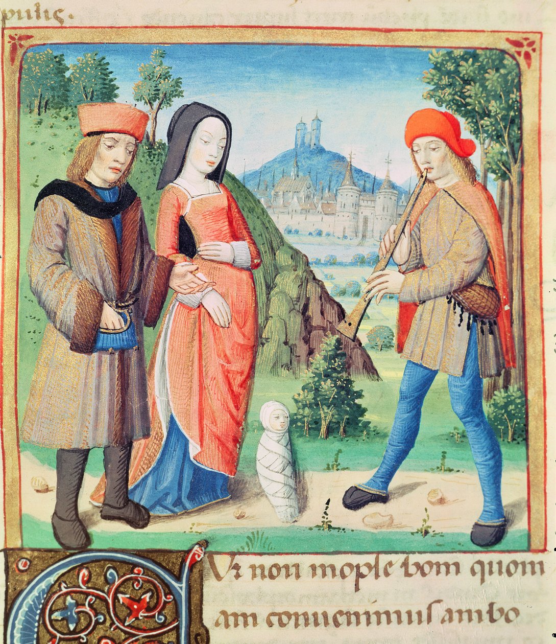 السيدة 493 و 9 احتفال الطفل الذي سيعيد العصر الذهبي على الأرض ، من The Eclogues by Virgil مع تعليق من Servius ، 1469 بواسطة المدرسة الفرنسية