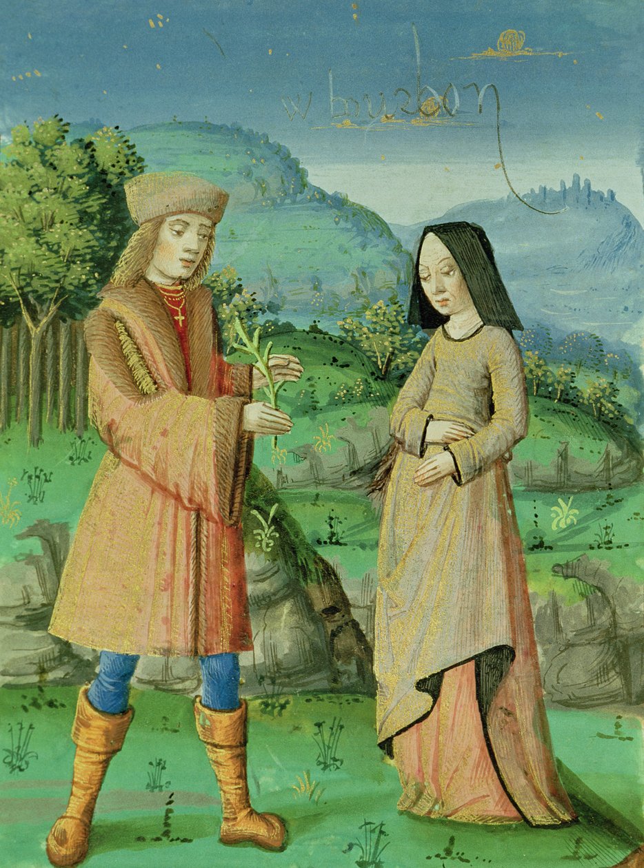 Ms 493 fol.123v اجتماع أينيس وآن ، أخت ديدو ، من آينيد مع تعليق من سيرفيوس ، 1469 بواسطة المدرسة الفرنسية