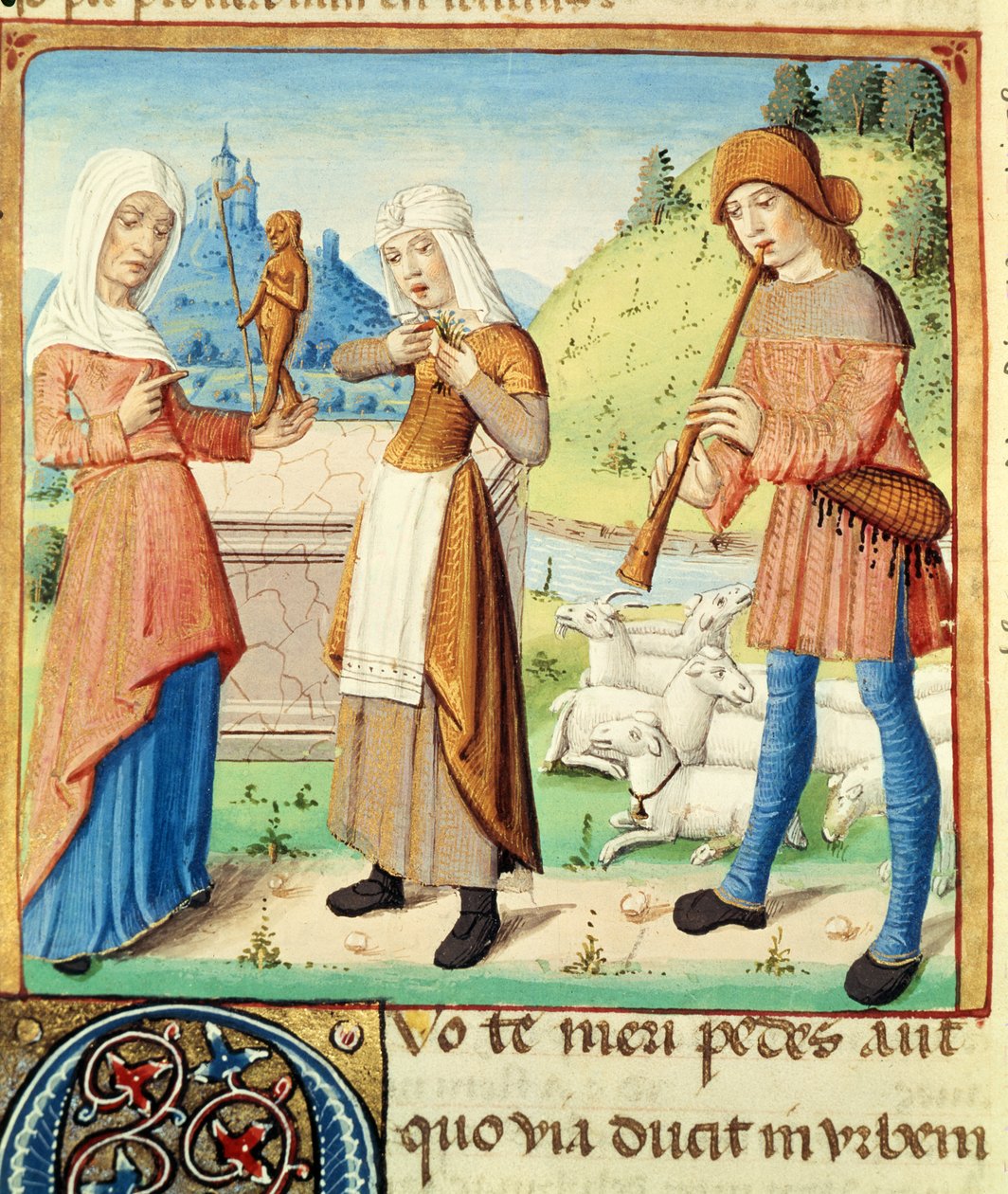 Ms 493 fol.15v الراعي Menalcas وحبه غير المتبادل ، من The Eclogues by Virgil مع تعليق من Servius ، 1469 بواسطة المدرسة الفرنسية