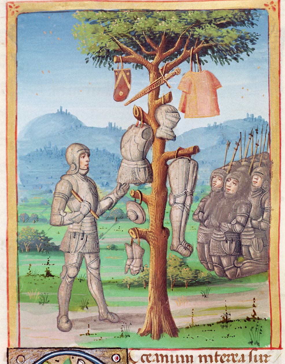 Ms 493 fol.193v اينياس معلقة درع ميزنتيوس من شجرة بلوط من اينييد فيرجيل مع تعليق سيرفيوس 1469 بواسطة المدرسة الفرنسية