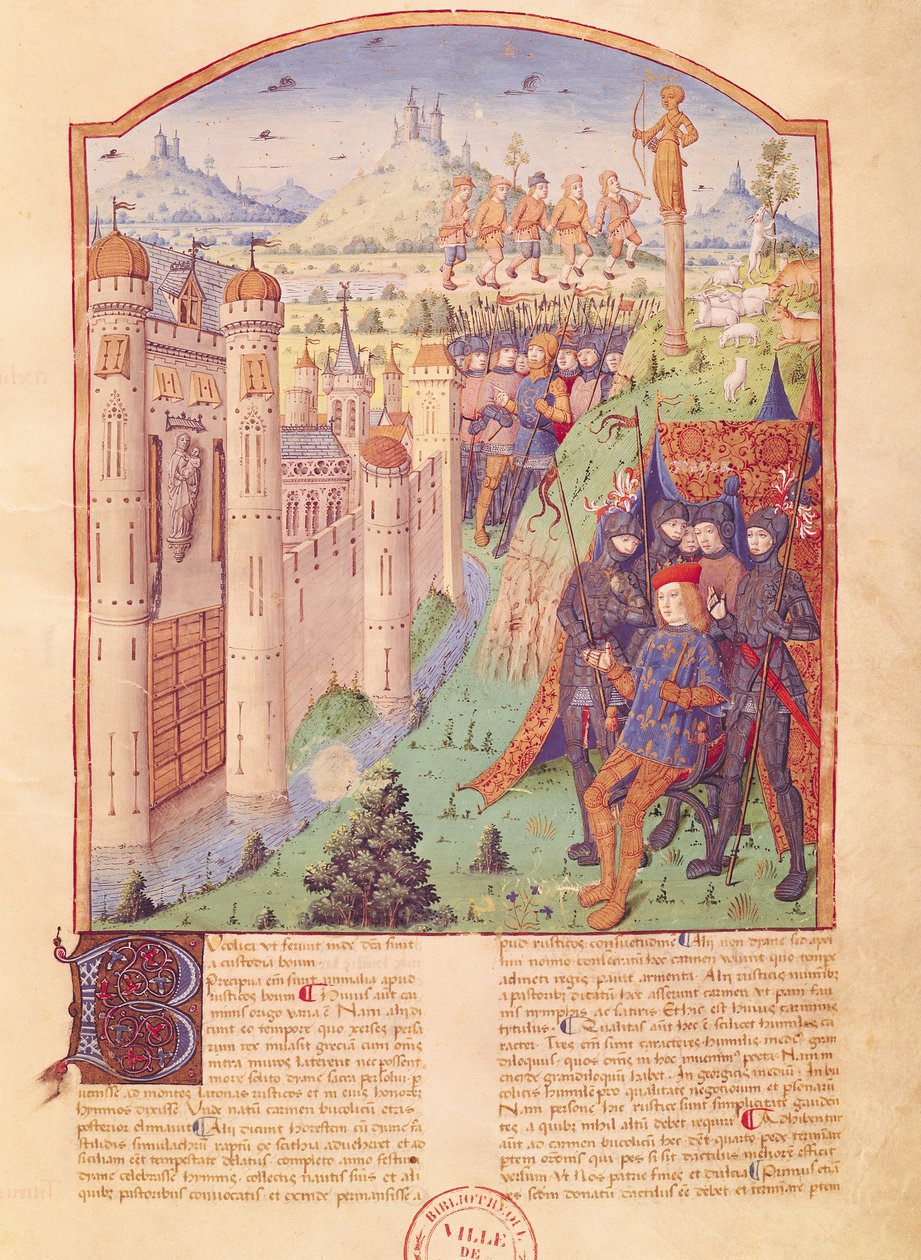 السيدة 493 fol.1r أعمال فيرجيل مع تعليق من Servius ، The Bucolics ، الملك جالسًا على عرشه محاطًا بحراسه أمام بلدة محصنة ، فرنسا ، 1469 بواسطة المدرسة الفرنسية