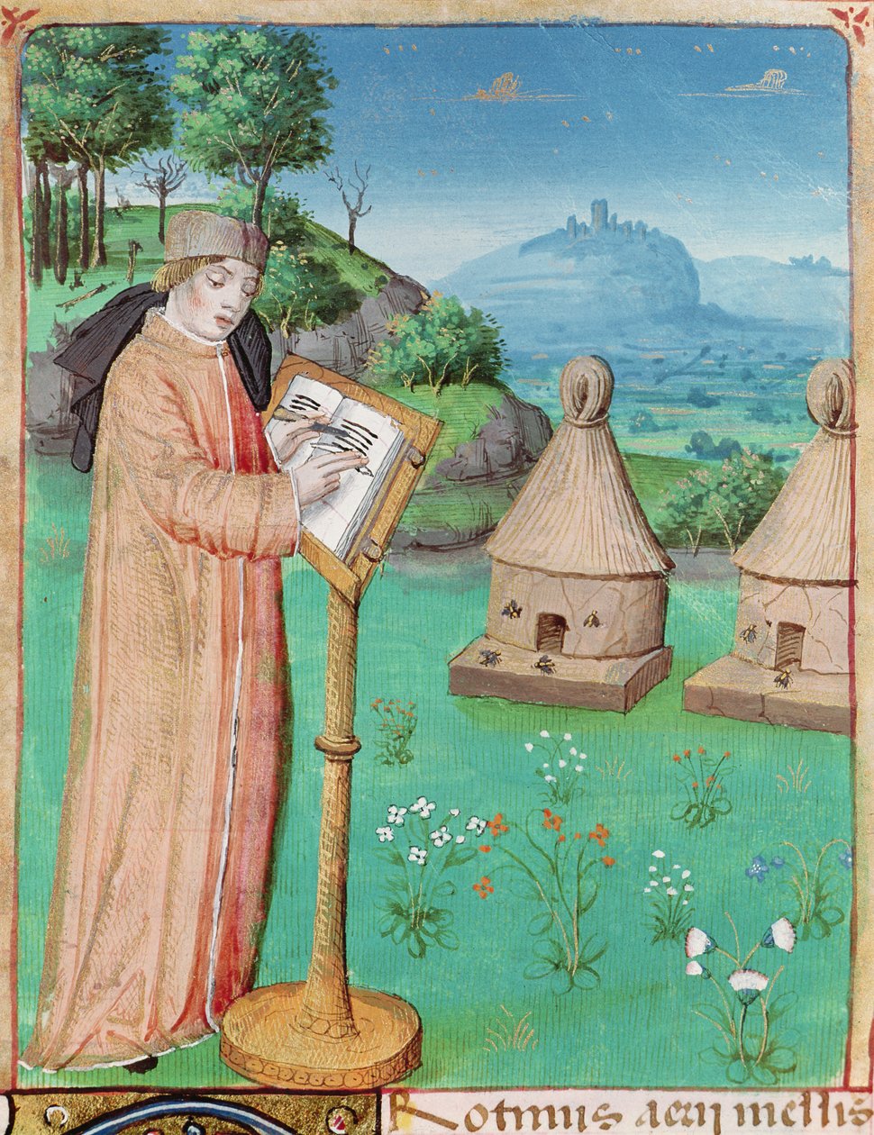 السيدة 493 fol.45 فيرجيل (70-19 قبل الميلاد) كتابة حياة النحل ، من The Georgics by Virgil مع تعليق من Servius ، 1469 بواسطة المدرسة الفرنسية