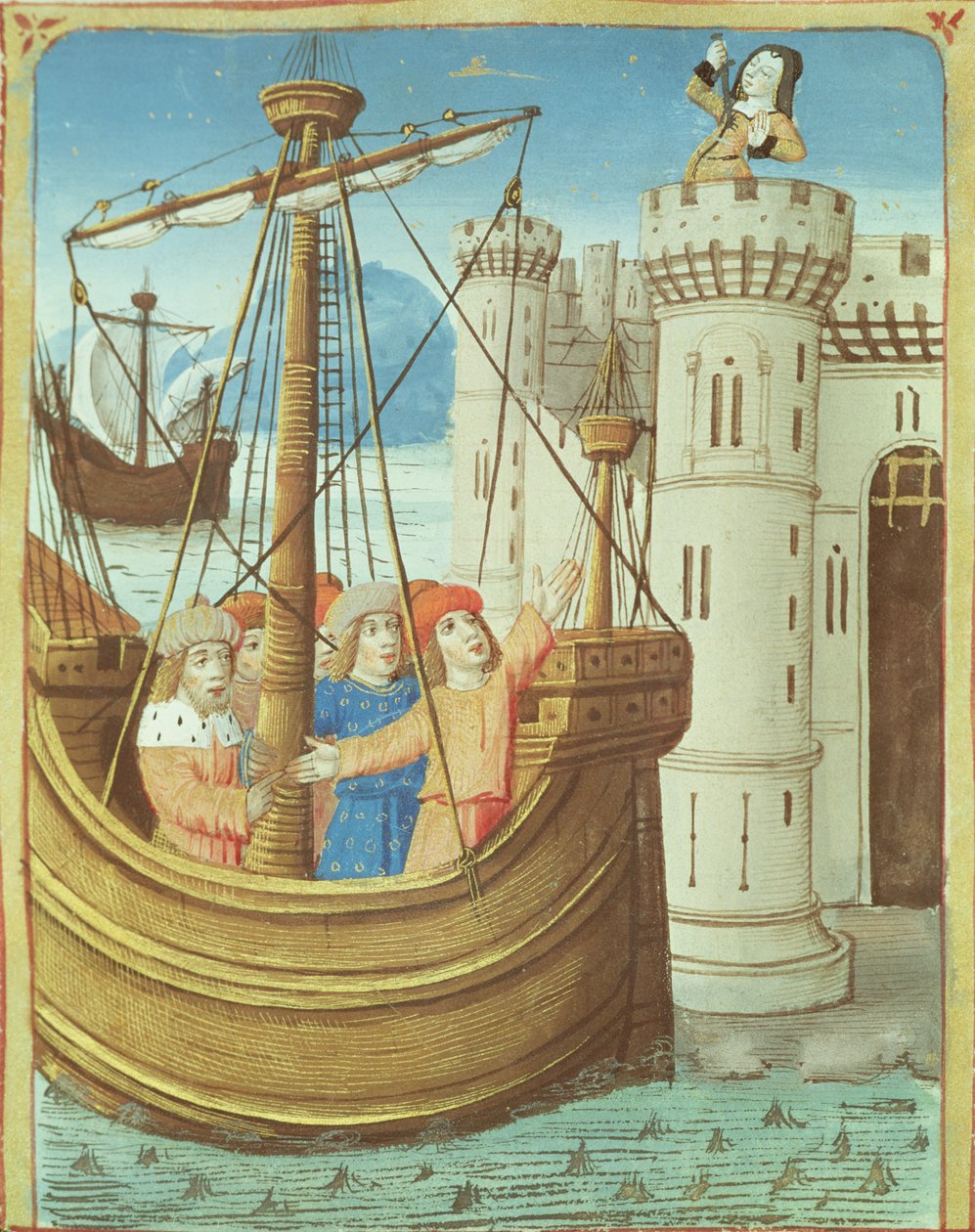 Ms 493 fol.99v رحيل وفاة أينيس وديدوس ، من الأينيد بواسطة فيرجيل مع تعليق من سيرفيوس ، 1469 بواسطة المدرسة الفرنسية