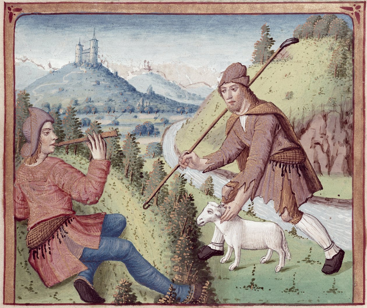 تلتقي السيدة 498 f.3v Tityrus بـ Meliboeus من The Eclogues by Virgil مع تعليق من Servius ، 1469 بواسطة المدرسة الفرنسية