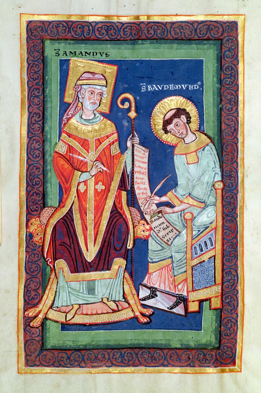 السيدة 501 Fol.58 St. Amand التي تعيد مخطوطة إلى St. Baudemond ، من حياة ومعجزات St. بواسطة المدرسة الفرنسية