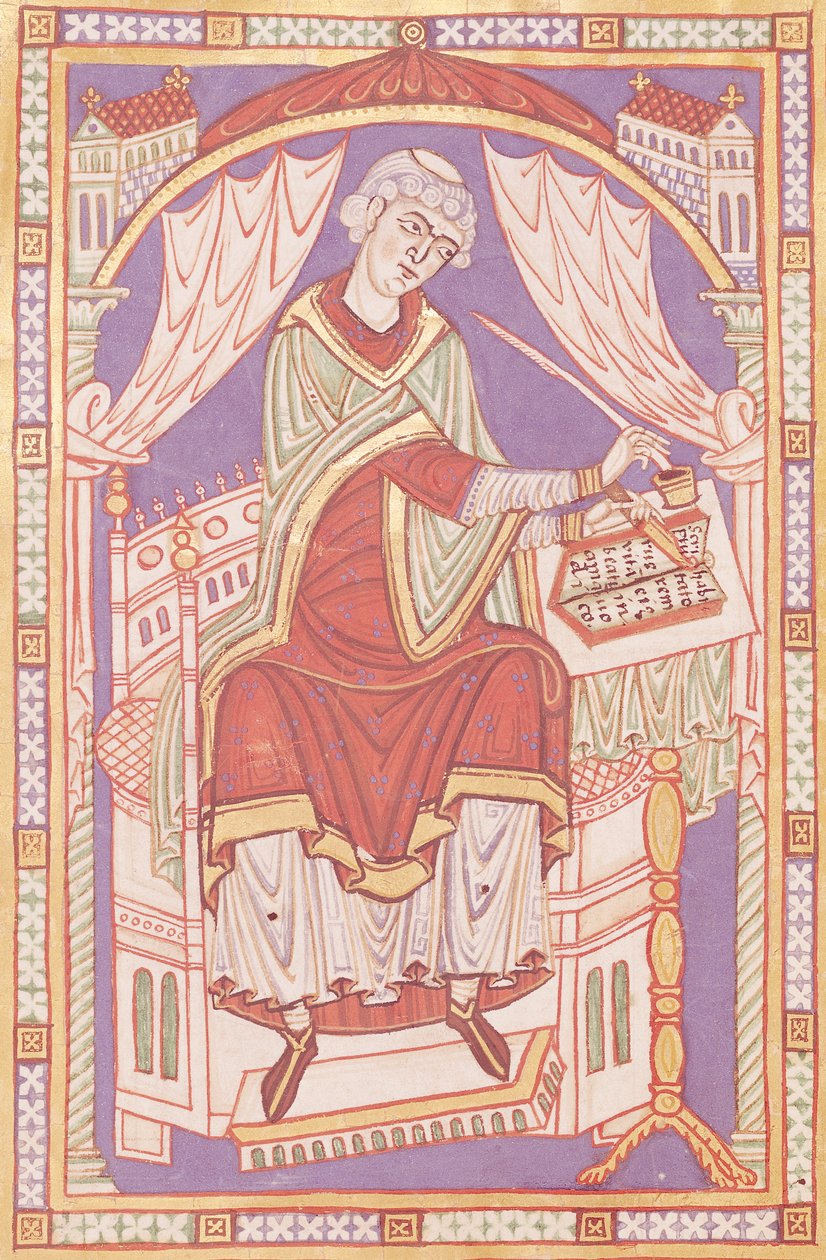 السيدة 501 fol.5v Baudemond الكتابة ، من Vie et Miracles de Saint Amand بواسطة المدرسة الفرنسية