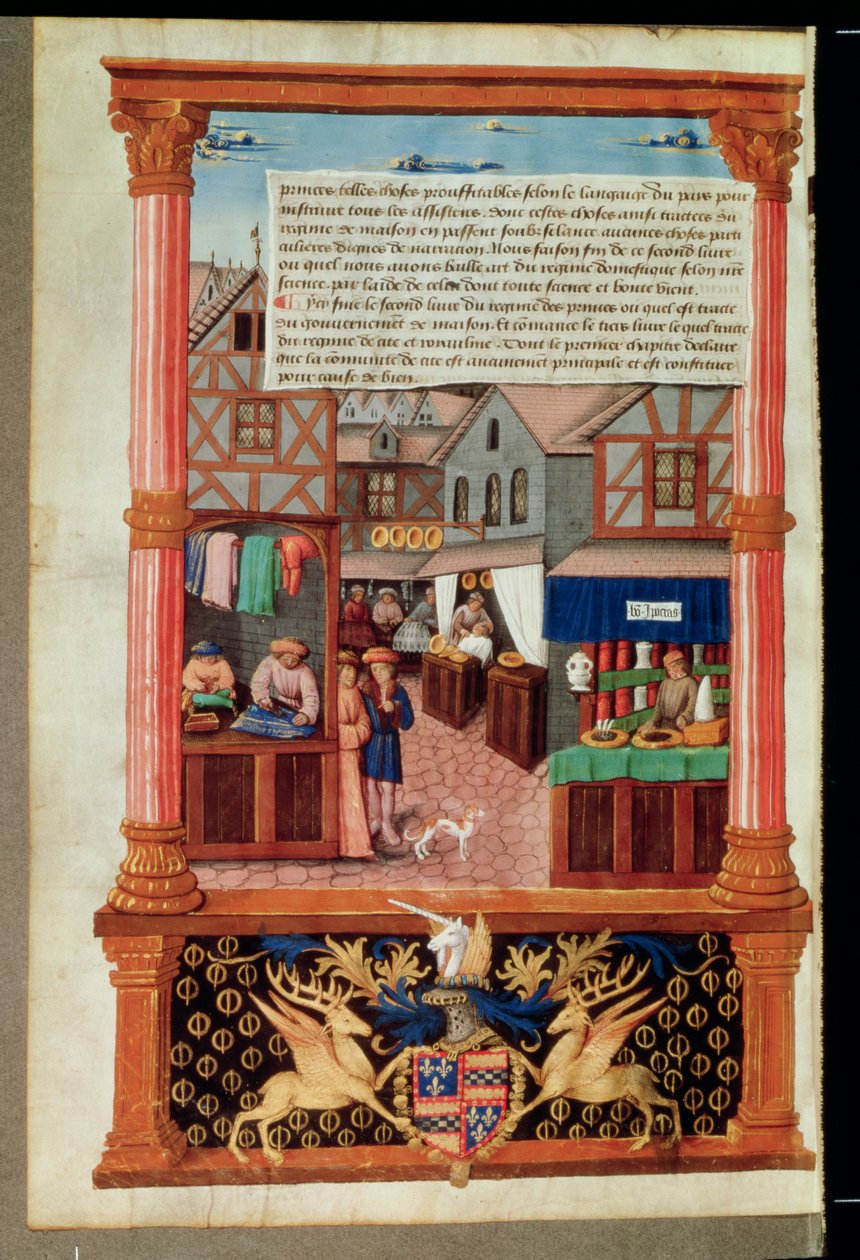 Ms 5062 fol.149v شارع فيه متاجر وشعار النبالة لروبرت ستيوارت ، مارشال دي أوبيجني لوكريس ، من ليفر دي جوفيرمينت دي برينس بقلم جيل دي روما بواسطة المدرسة الفرنسية