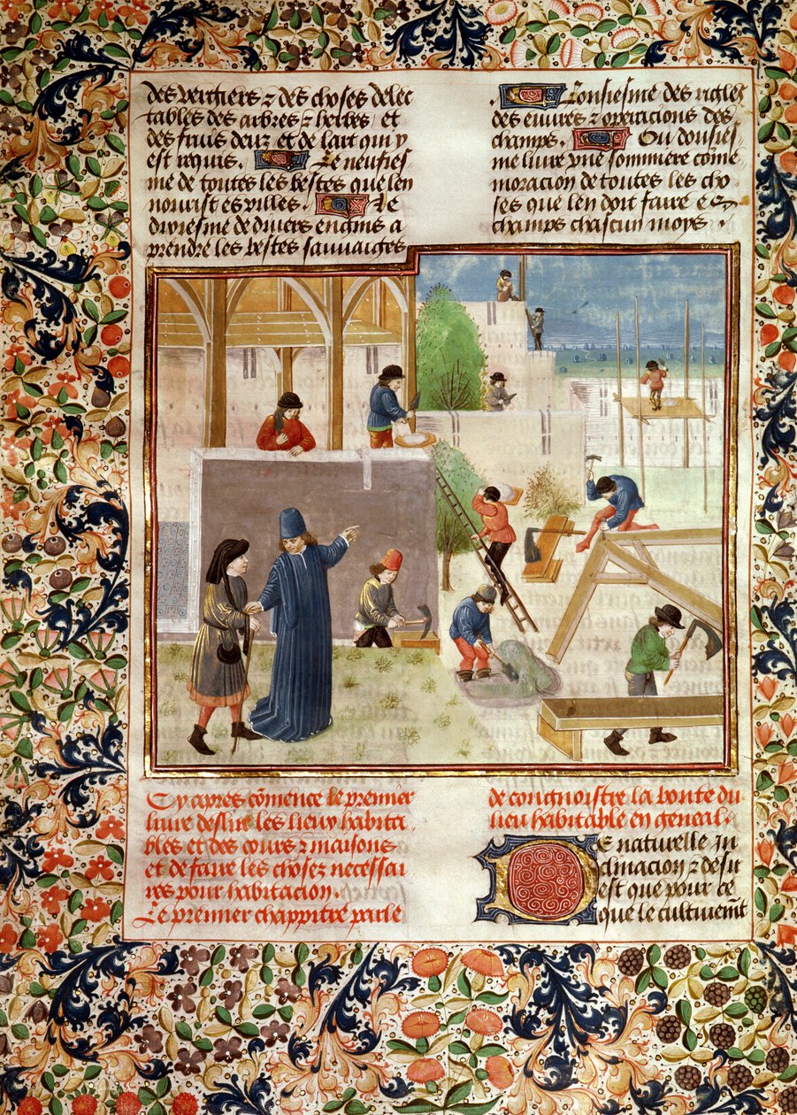 Ms 5064 fol.2v بناء منزل ، من Livre des Prouffitz Champestres بقلم بيترو دي كريسينزي (1230-132021) بواسطة المدرسة الفرنسية