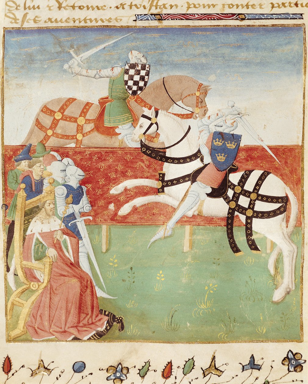 السيدة 527 fol.40v مواجهة فارسين أمام الملك ، من Roman du Saint Graal بواسطة المدرسة الفرنسية