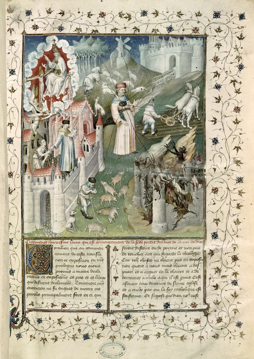 Ms 55 t.2 fol.3 مدينة الله ، مدينة كاين ومدينة الرذائل ، من La Cite de Dieu بواسطة القديس أوغسطين من فرس النهر (354-430) ترجمة راؤول دي بريليس (1316-82) بواسطة المدرسة الفرنسية