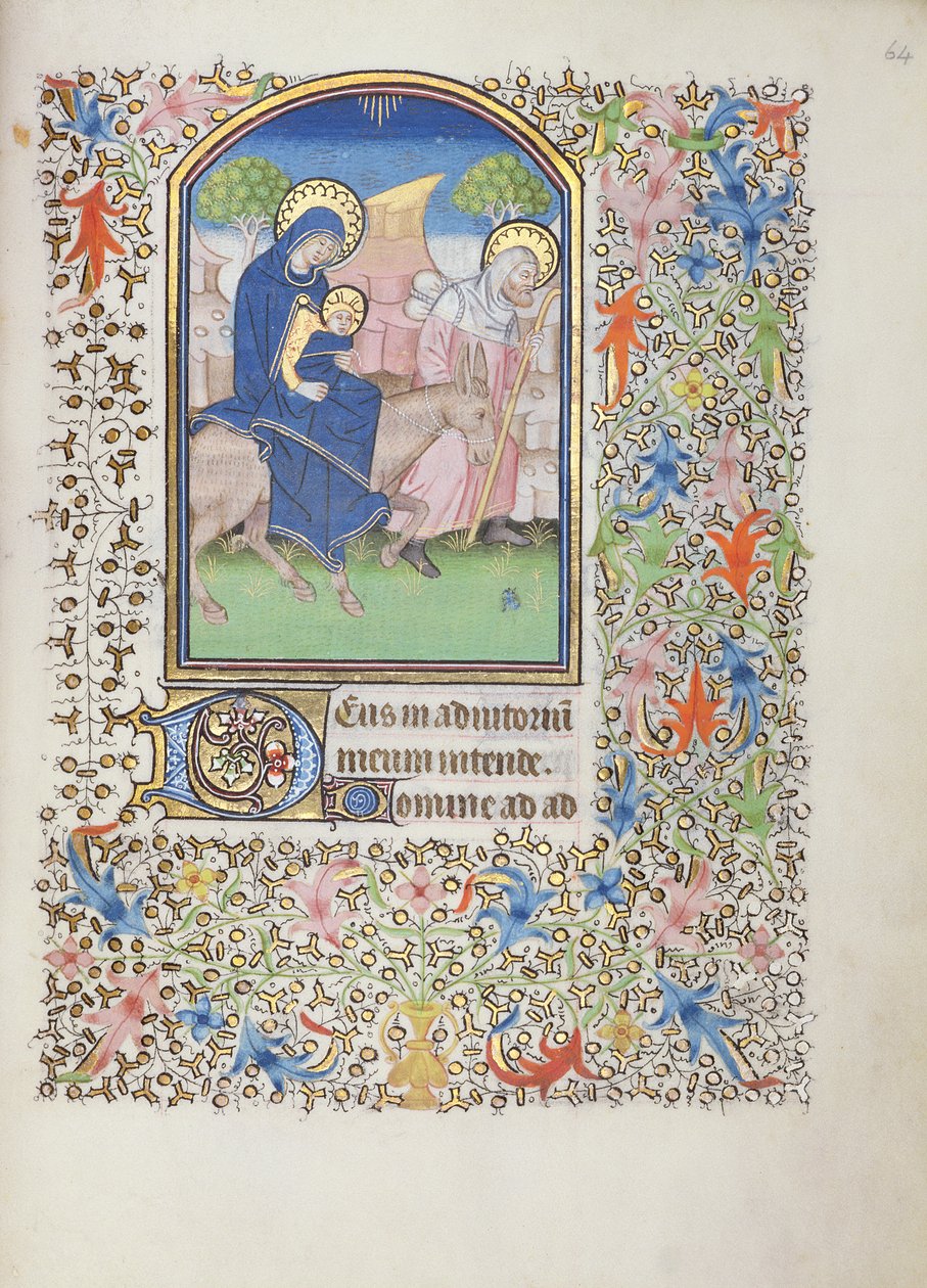 Ms 69 f.64r هروب العائلة المقدسة ، من كتاب ساعات بيسانكون بواسطة المدرسة الفرنسية