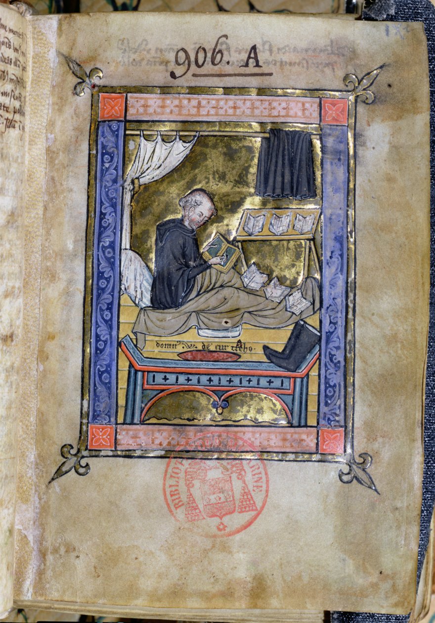 السيدة 753 Fol.9 Monk تكتب في سريره ، من فلوريس برناردي بقلم Guillaume de Tournai بواسطة المدرسة الفرنسية