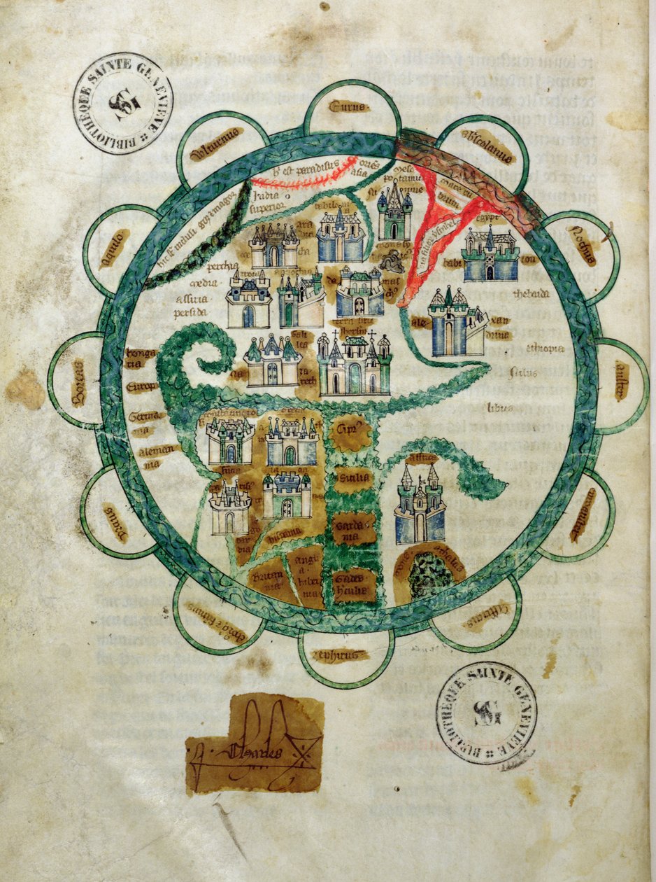 السيدة 782 fol.16v. خريطة للعالم على شكل كرة أرضية مصغرة من Grandes Chroniques de Philippe le Hardi بواسطة المدرسة الفرنسية
