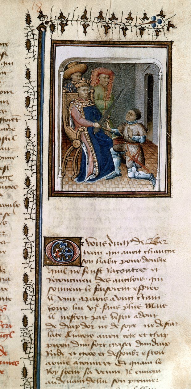 السيدة 814 f.125r Bertrand du Guesclin (1320-80) التي حصل عليها فارس من الملك ، من Histoire de Du Guesclin بواسطة المدرسة الفرنسية