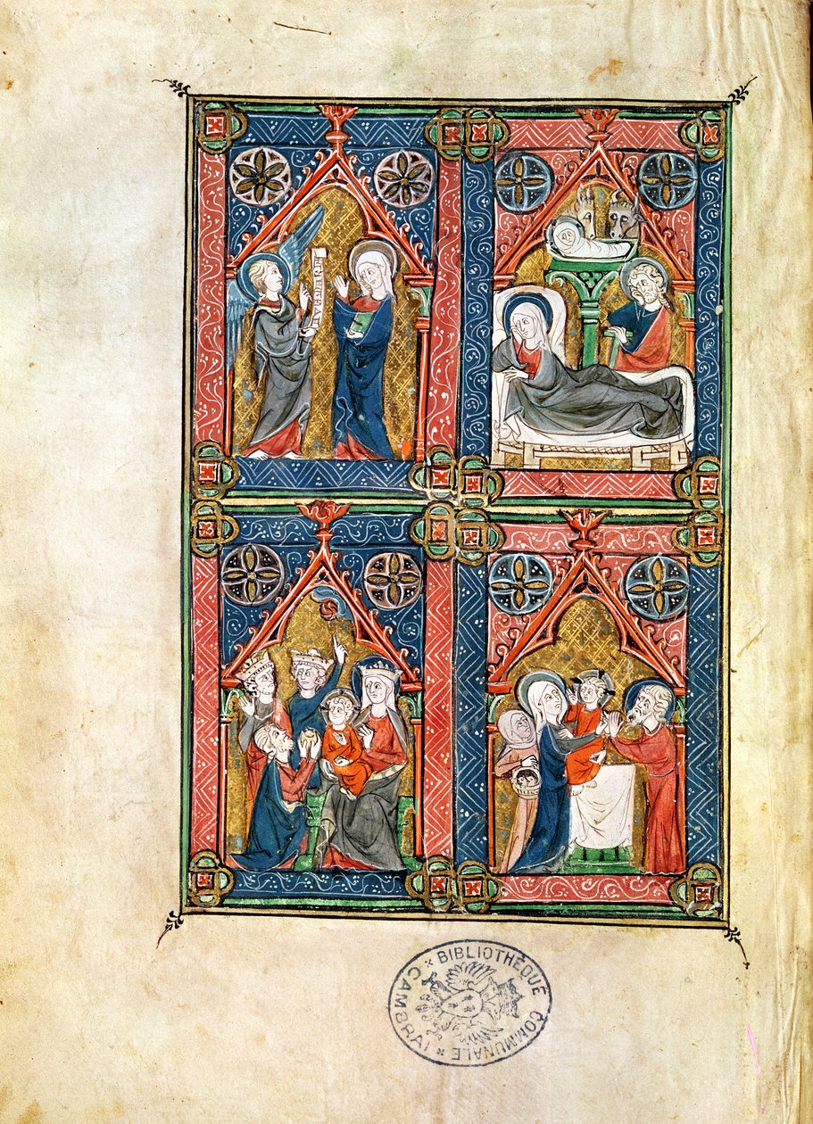 Ms 87 fol.16 البشارة ، المهد ، عبادة المجوس والتنقية ، من ساعات مهاوت درتويس بواسطة المدرسة الفرنسية