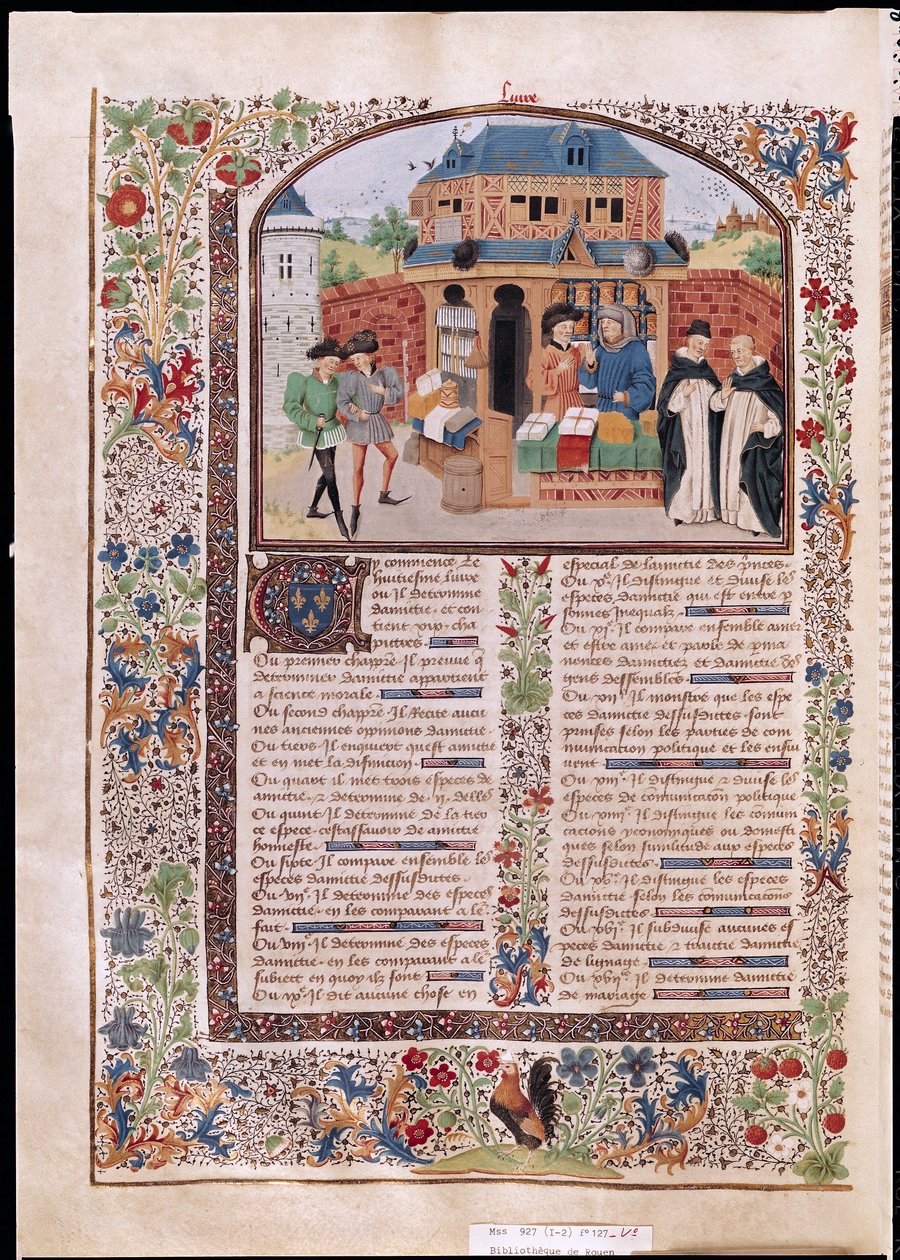السيدة 927 Fol.127v الأنواع الثلاثة للصداقة ، من الأخلاق والسياسة والاقتصاد بقلم أرسطو (384-322 قبل الميلاد) بواسطة المدرسة الفرنسية