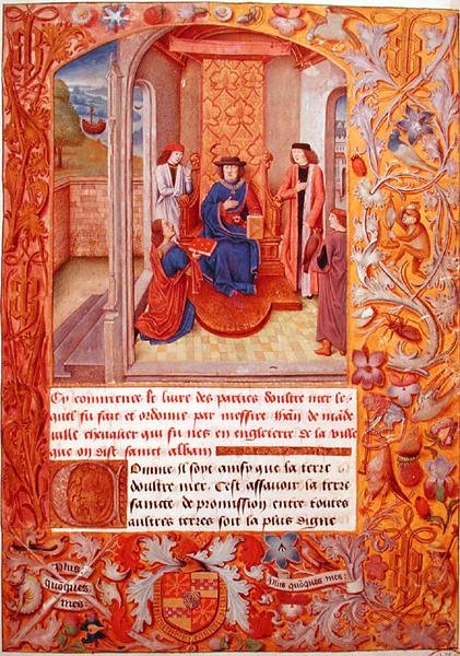 Ms 95 Fol.1 المؤلف يقدم كتابه إلى دوق بورغوندي ، من شعارات النبالة لأدولف دي كليف ، أوائل القرن الخامس عشر (ورق) بواسطة المدرسة الفرنسية