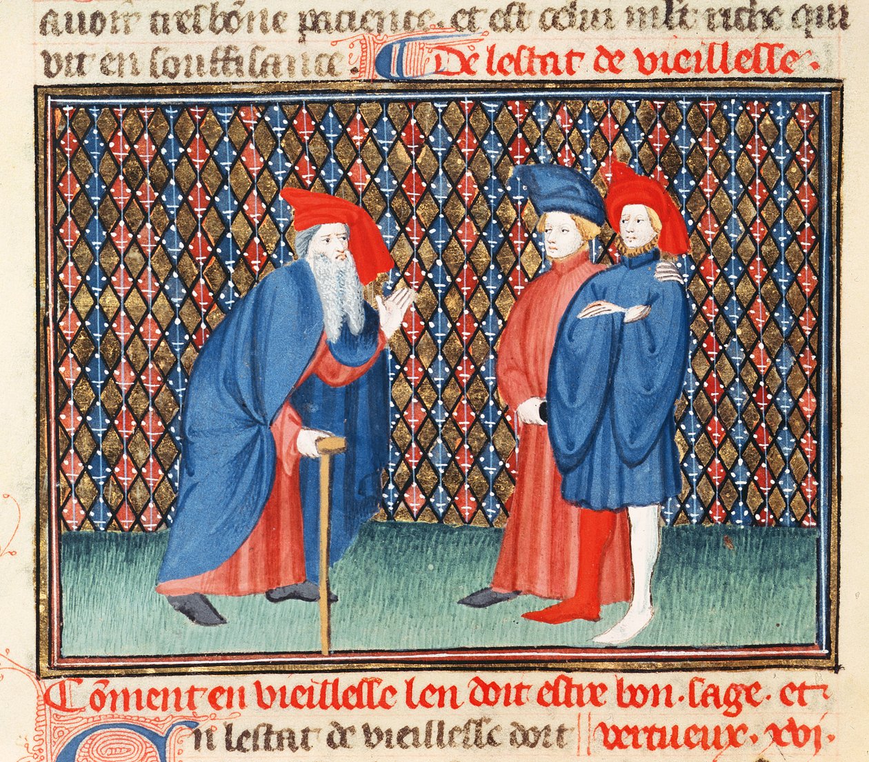 السيدة Fr 1023 fol.57v كيف يجب أن يكون المسنون صالحًا وحكيمًا وفاضلاً من كتاب الأخلاق الحميدة بقلم جاك لو غرانت (1360-1415) بواسطة المدرسة الفرنسية