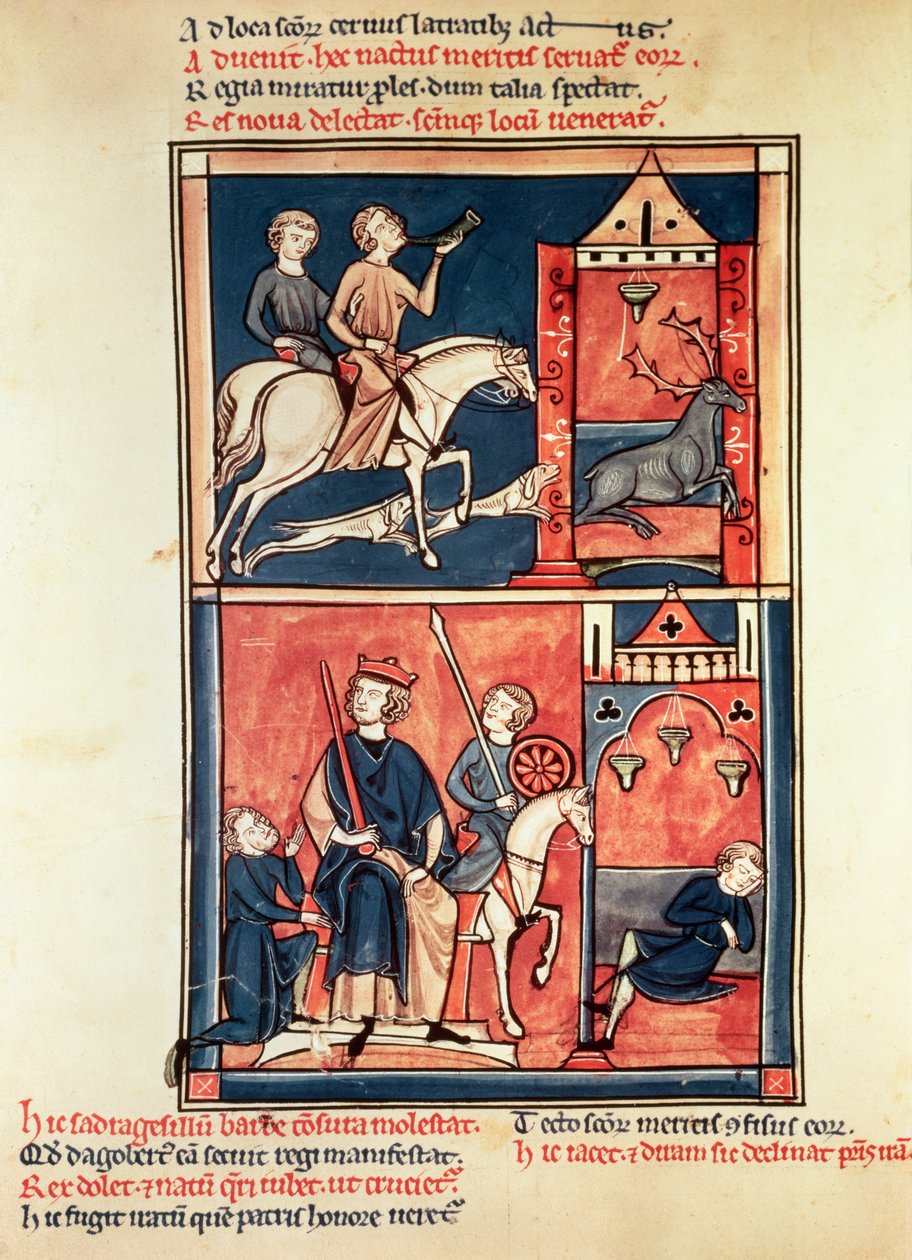 السيدة الأب 1098 مطاردة الأيل وملك ، ربما داجوبرت الأول (632-39) على عرشه ، من حياة ومعجزات سانت دينيس بواسطة المدرسة الفرنسية