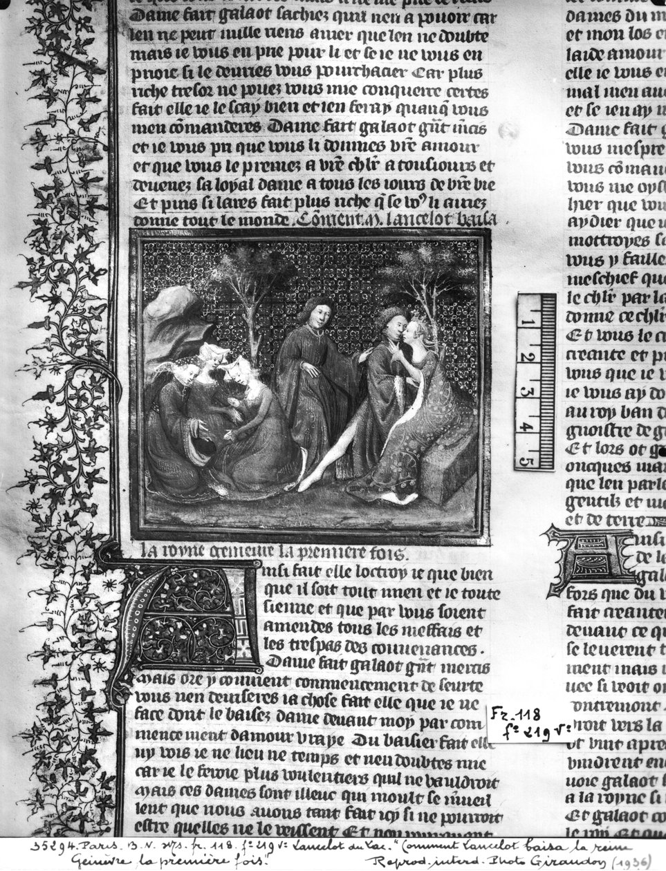 السيدة Fr 118 fol.219v كيف قبّل لانسلوت Guinevere لأول مرة ، من Livre de Messire Lancelot du Lac بواسطة المدرسة الفرنسية