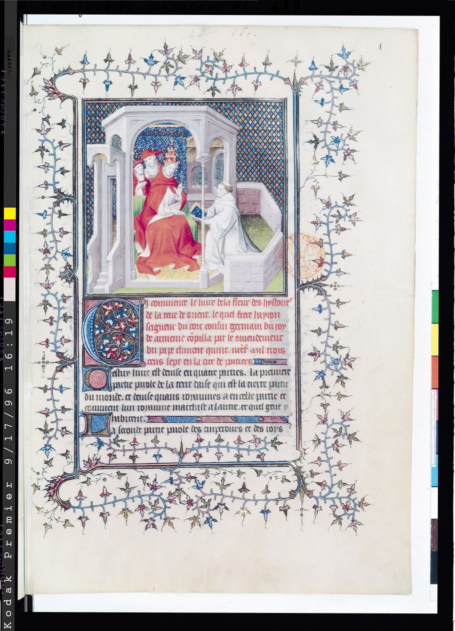تقدم السيدة الأب 12201 Fol.1 Hayton عمله للبابا كليمنت الخامس (c.1260-1320) من Fleur des Histoires de la Terre dOrient by Hayton (ت 12271) 1402 بواسطة المدرسة الفرنسية