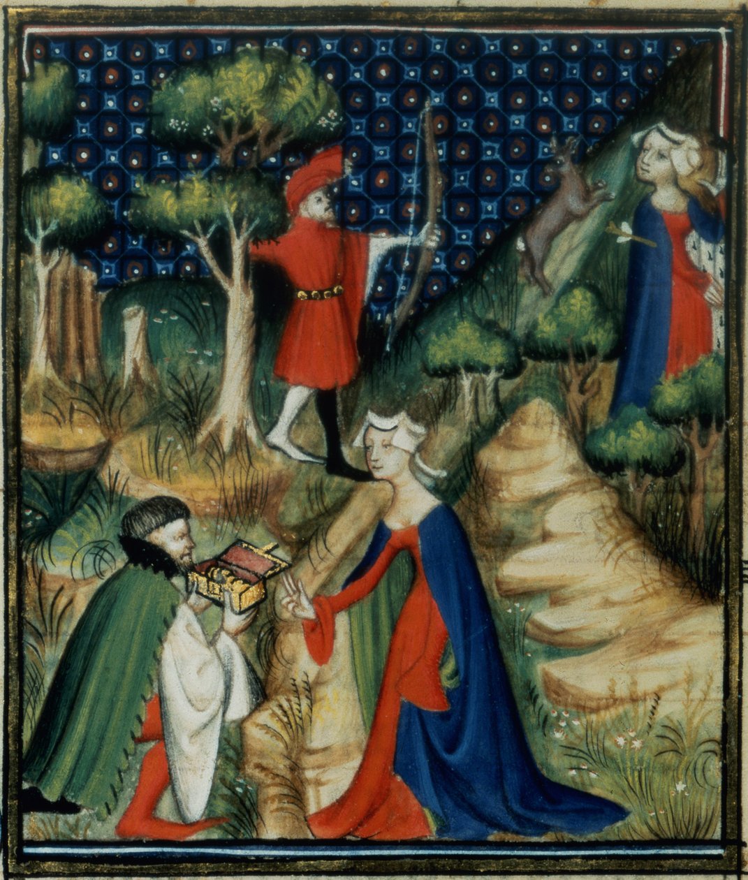 السيدة Fr 12420 fol.139v. قصة Procris ، من `دي كلاريس موليريبوس ، من أعمال جيوفاني بوكاتشيو (1313-75) بواسطة المدرسة الفرنسية