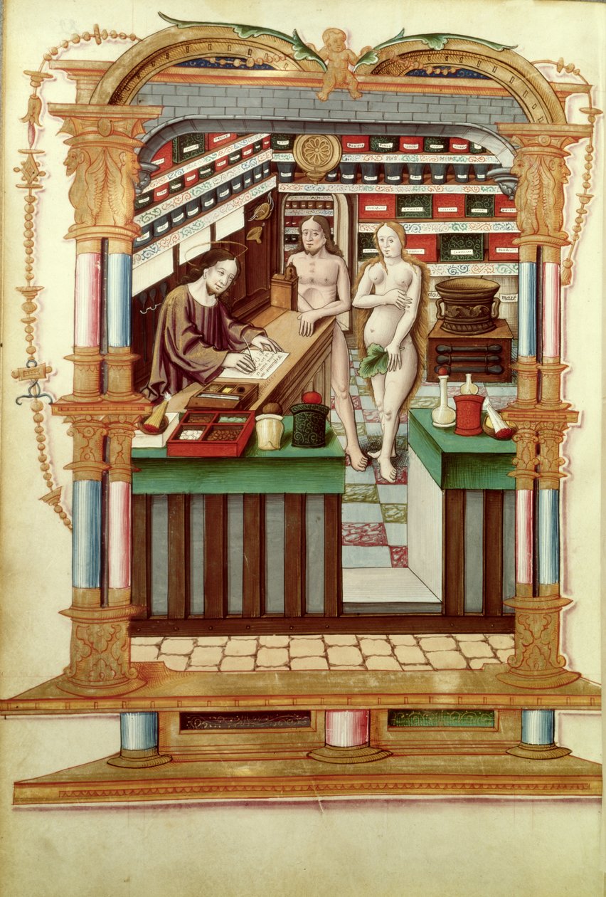 السيدة الاب 1537 المسيح الصيدلاني مع آدم وحواء ، من الأغاني الملكية في مفهوم توج بوي دي روان بواسطة المدرسة الفرنسية