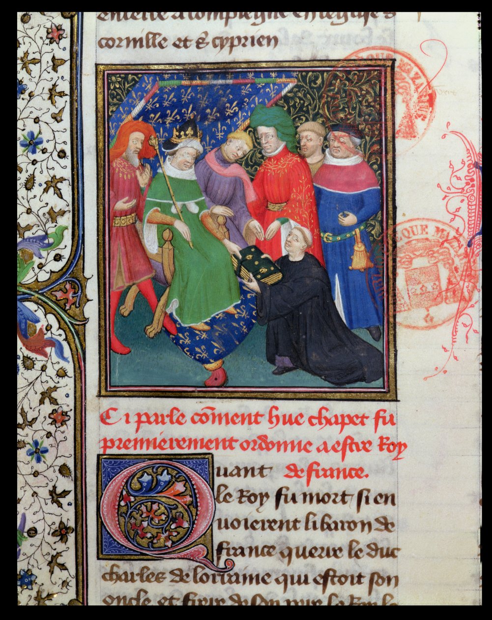 Ms Fr 2029 fol.30v. Hugues I Capet (941-996) ، الملك بقبعة بواسطة المدرسة الفرنسية