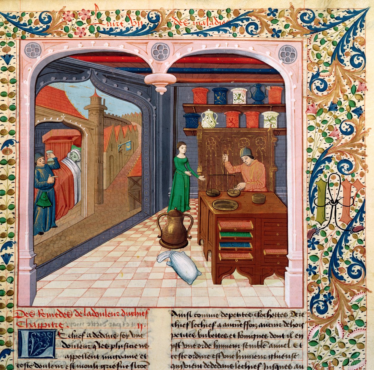 السيدة 218 الصفحة رقم 111 مريض في فراشه وصيدلية تحضير الدواء ، من Le Livre des Proprietes des Choses بواسطة Barthelemy lAnglais بواسطة المدرسة الفرنسية