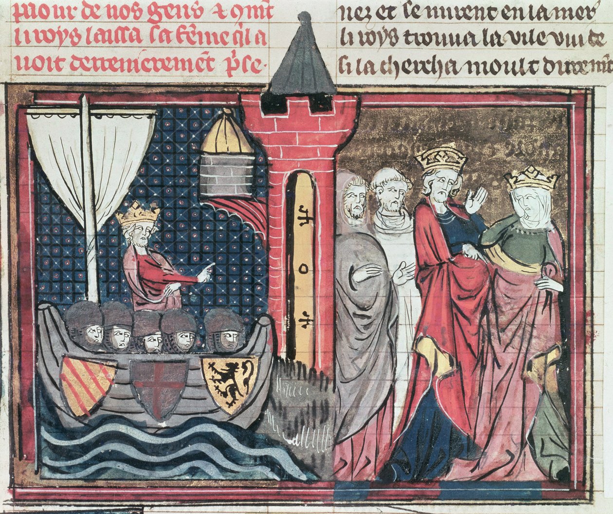 السيدة الأب 22495 Fol.101 بالدوين الأول عبور نهر الأردن والتخلي عن زوجته ، من Le Roman de Godefroi de Bouillon ، 1337 بواسطة المدرسة الفرنسية