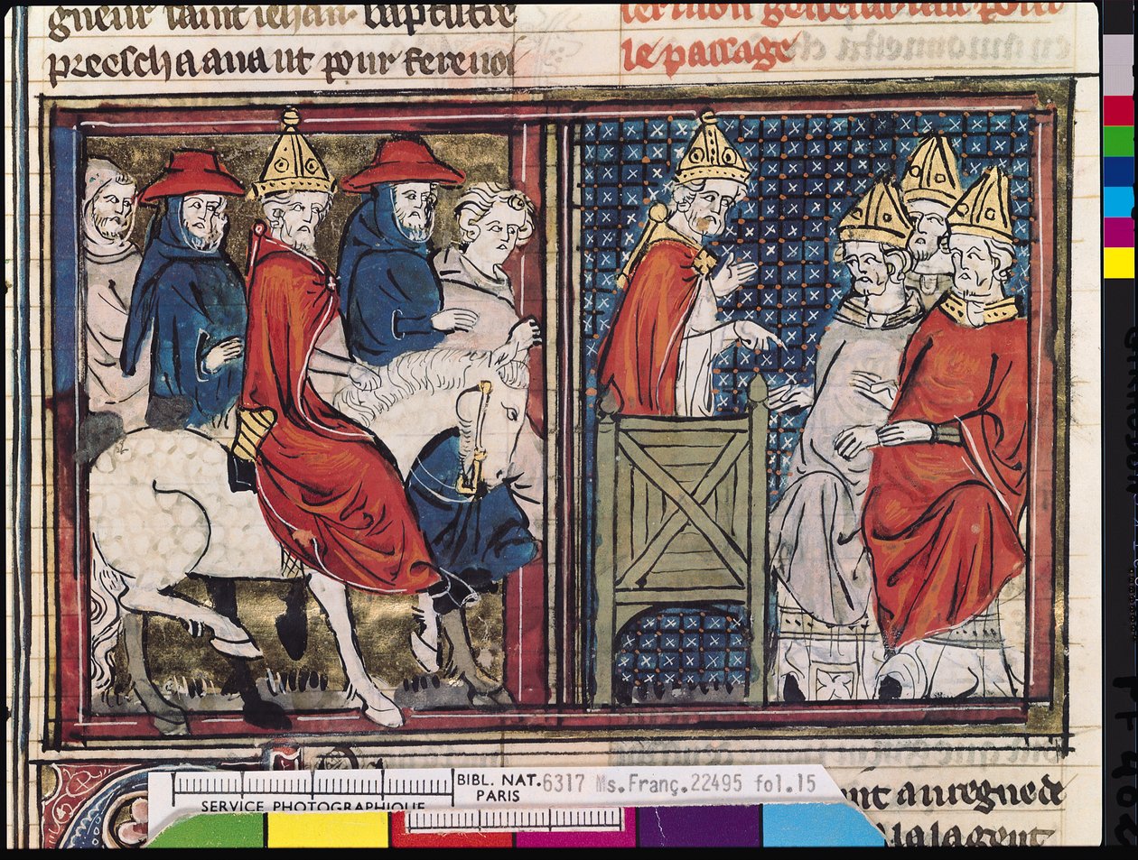 السيدة Fr 22495 Fol.15 مجلس كليرمون ووصول البابا أوربان الثاني (c.1035-99) إلى فرنسا ، من لو رومان دو جودفروي دي بوالون ، 1337 بواسطة المدرسة الفرنسية