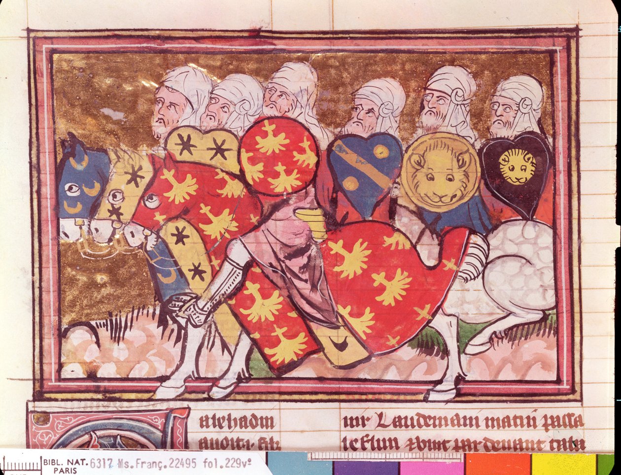 السيدة الأب 22495 Fol.229 جيش صلاح الدين الأيوبي ، من Le Roman de Godefroi de Bouillon ، 1337 بواسطة المدرسة الفرنسية