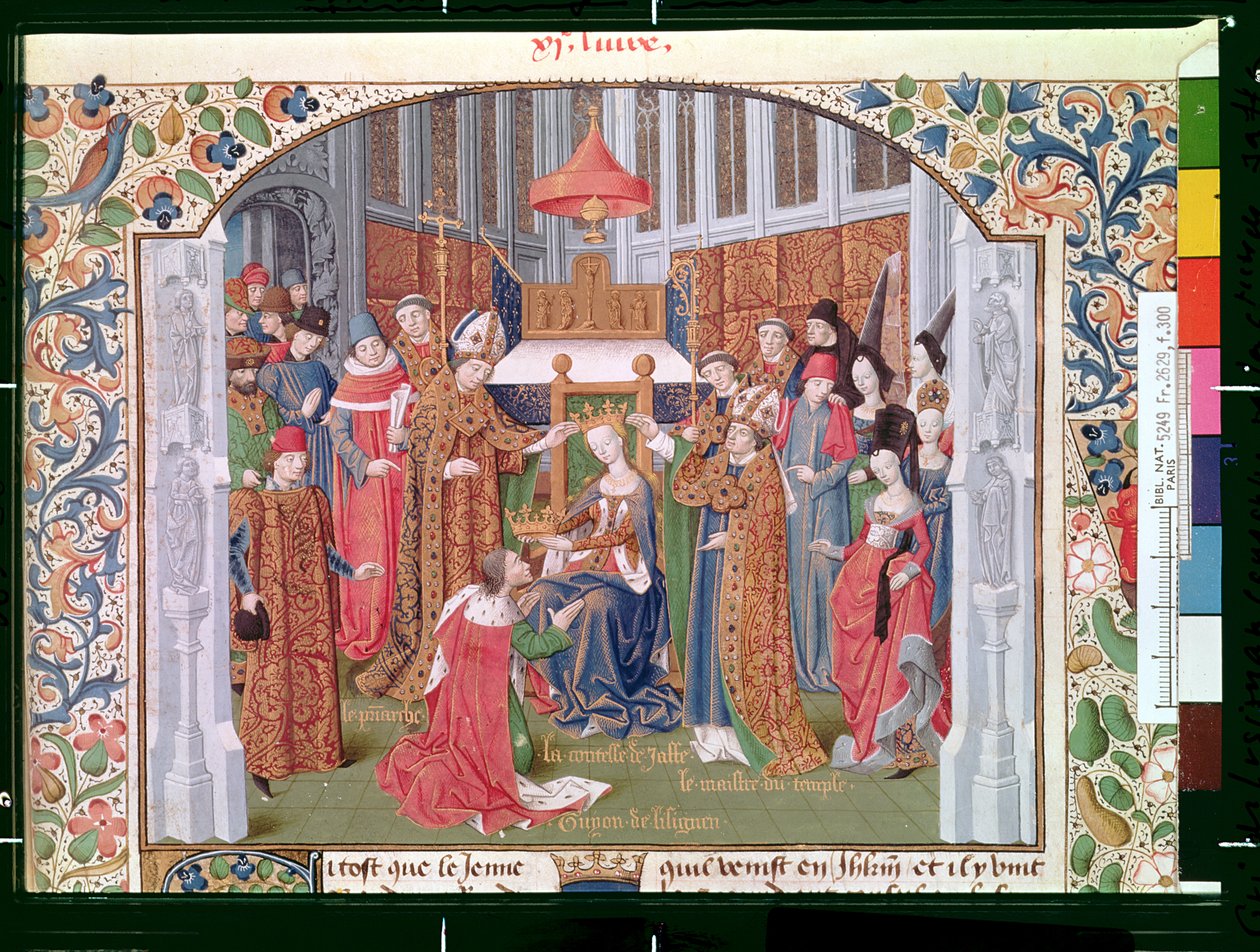 السيدة Fr 2629 fol.300 كونتيسة يافا (c.1136-88) تتويج غي لوزينيان (ت 1194) من Histoire de la conquete de Jerusalem بقلم وليام صور (c.1130-85) c.1470 بواسطة المدرسة الفرنسية