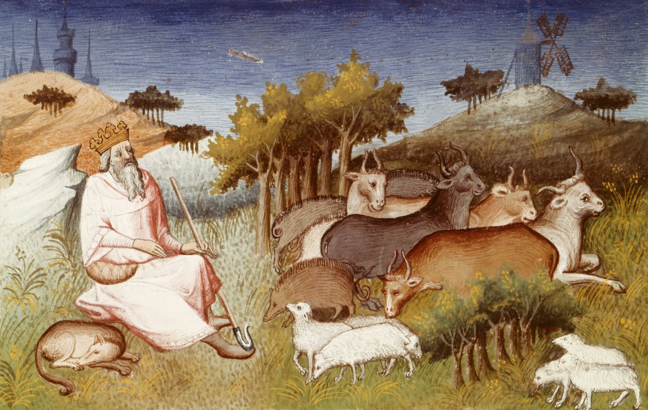 السيدة الأب 2810 ، الملك دور يراقب قطيعه ، منمنمة من "Livre des merveilles du monde" (كتاب عجائب الدنيا) لماركو بولو وروستيشيلو ، حوالي 1410-12 (تمبرا على ورق) بواسطة المدرسة الفرنسية
