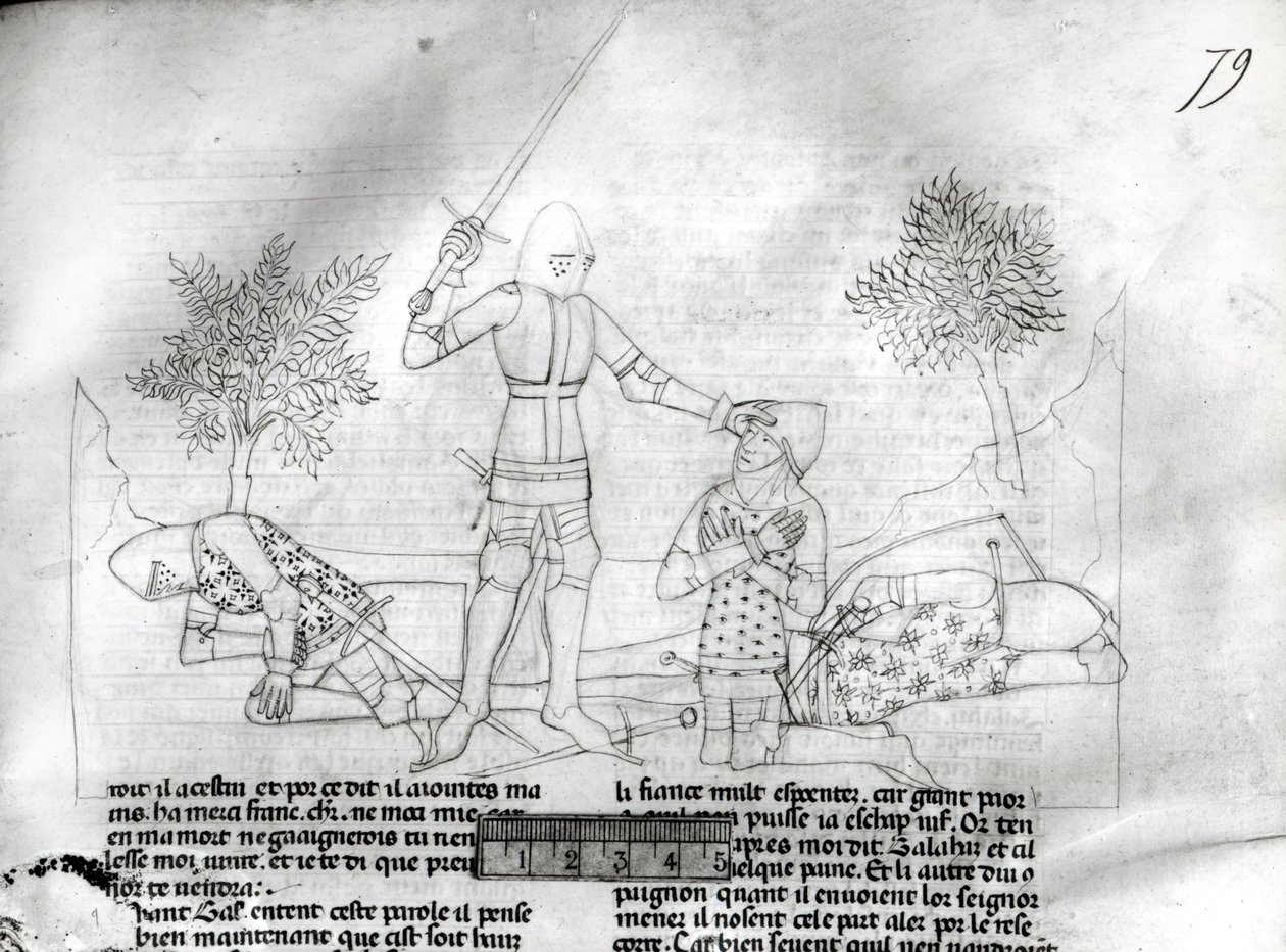السيدة Fr 343 f.79 تسليح فارس في ساحة المعركة من Lancelot du Lac بواسطة المدرسة الفرنسية