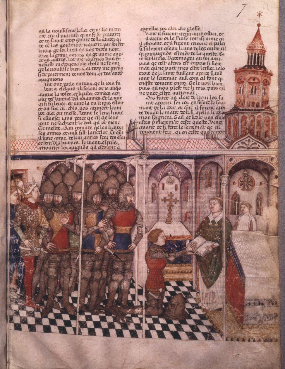 Ms Fr 343 fol. 7 البحث عن الكأس المقدسة وموت آرثر يؤدي اليمين بواسطة المدرسة الفرنسية