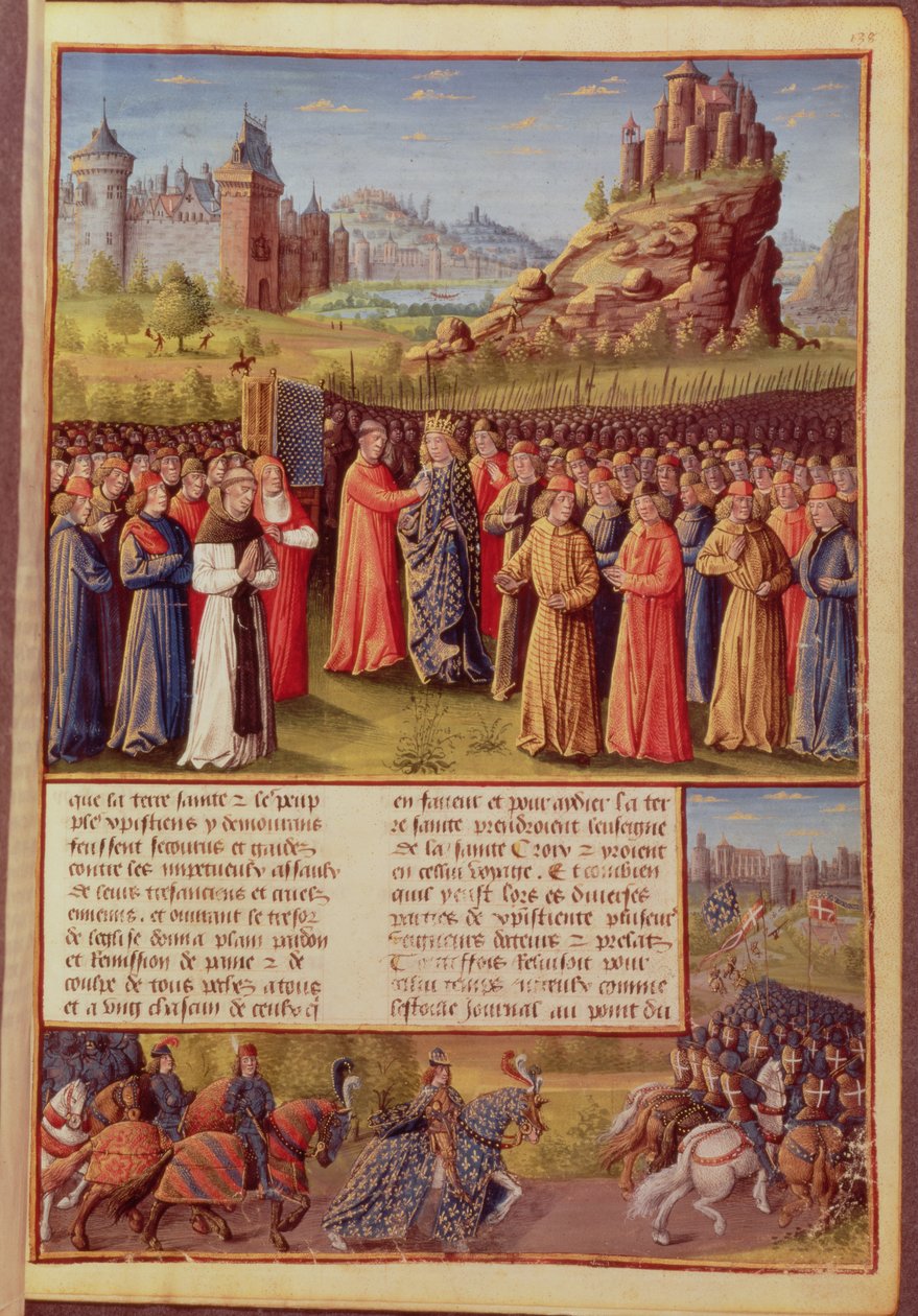 السيدة 5594 ص .138 القديس برنارد (c.1090-1153) من كليرفو يبشر بالحملة الصليبية الثانية بحضور الملك لويس السابع (c.1120-80) من فرنسا في Vezelay عام 1146 ، من Passits faits Outremer بواسطة المدرسة الفرنسية