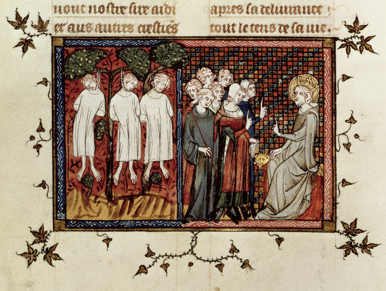 السيدة الاب. 5716 fol.246 سانت لويس النطق بالحكم وإدانة Enguerrand de Coucy (1228-1311) لتعليق ثلاثة نبلاء شباب ، من Life and Miracles of St. Louis ، c.1330-40 بواسطة المدرسة الفرنسية