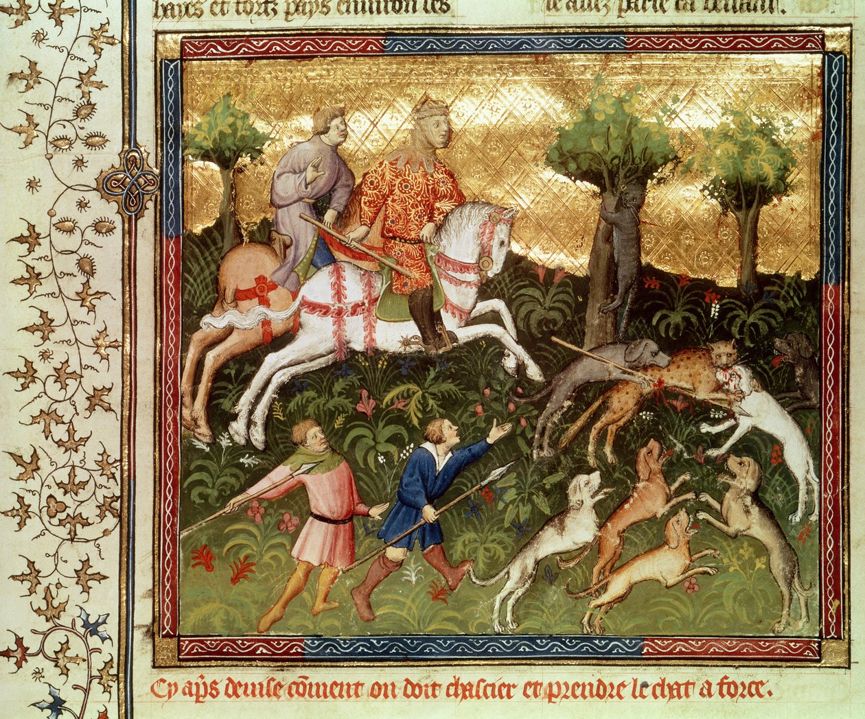 السيدة Fr 616 fol.101 الكلاب تهاجم النمر ، من كتاب كتبه Gaston Phebus de Foix (1331-91) بواسطة المدرسة الفرنسية
