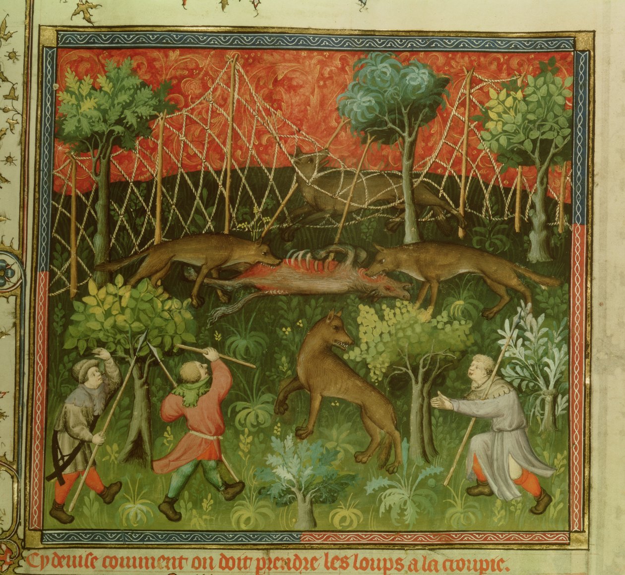 السيدة Fr 616 fol.111 مطاردة الذئب بمساعدة الشباك ، من Livre de la Chasse بقلم Gaston Phebus de Foix (1331-91) بواسطة المدرسة الفرنسية