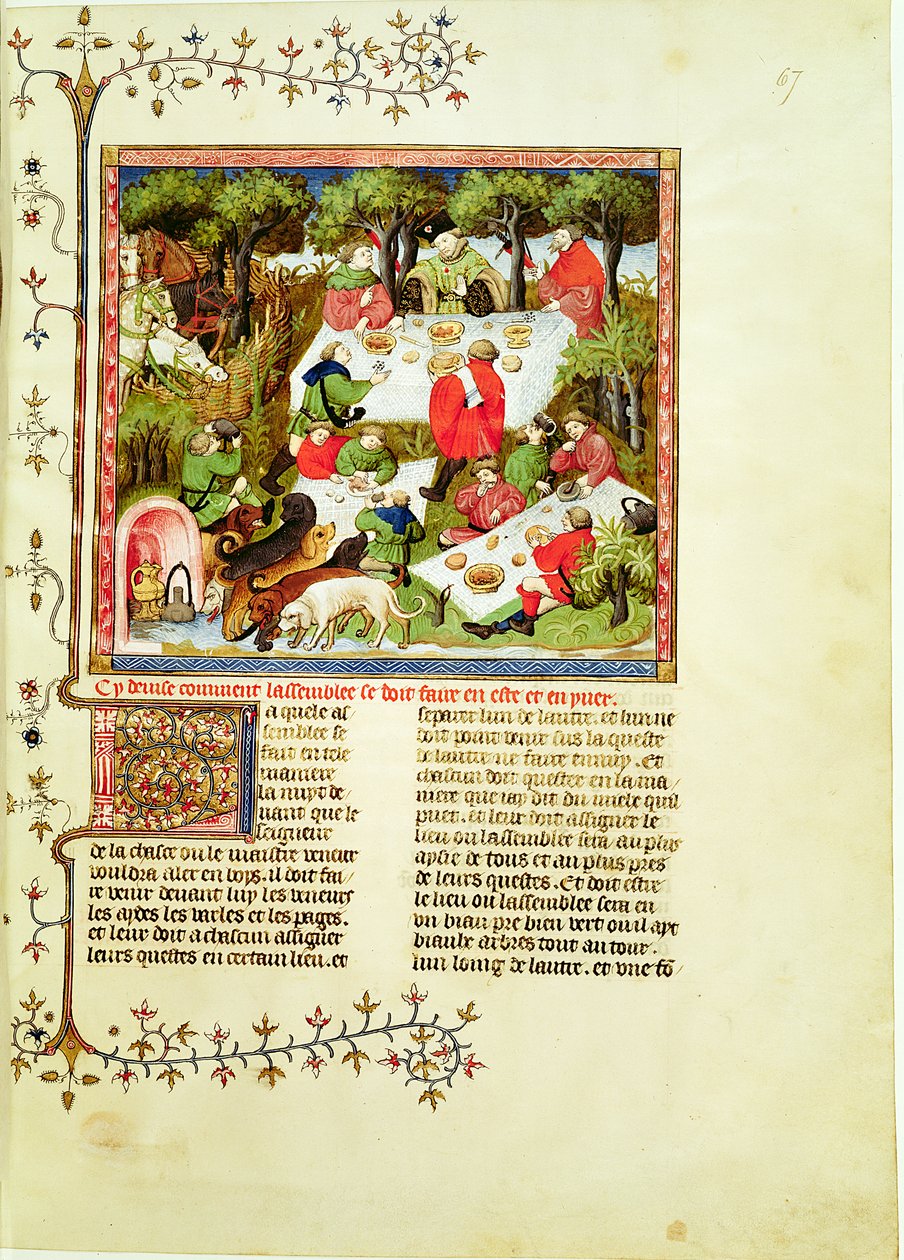 السيدة Fr 616 fol.67 الصيادون يحتفلون قبل صيد الأيل ، من Livre de la Chasse بقلم Gaston Phebus de Foix (1331-1391) بواسطة المدرسة الفرنسية