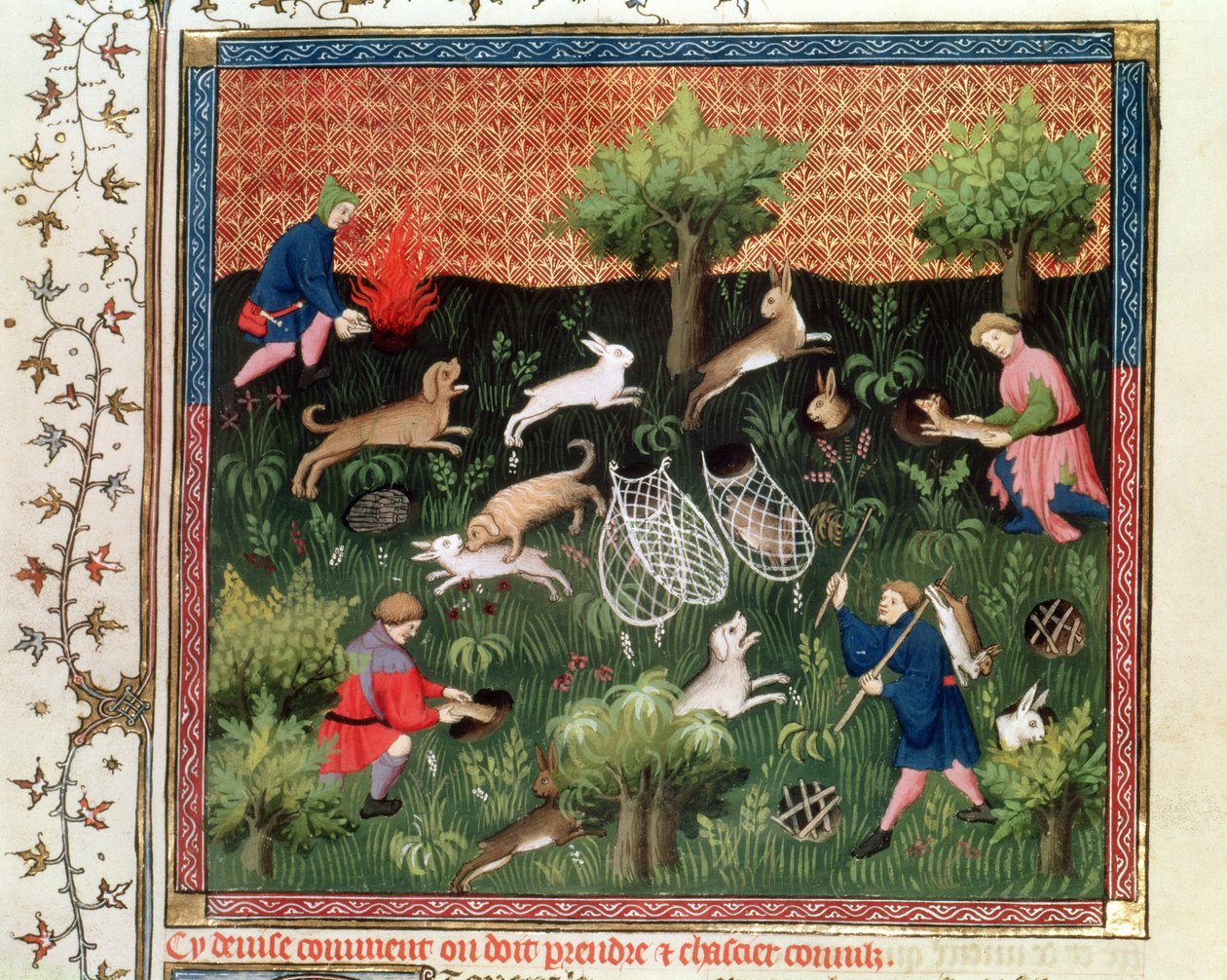السيدة Fr 616 fol.92 صيد الأرانب ، من ليفر دي لا تشاس بقلم غاستون فيبوس دي فويكس (1331-91) ، أواخر القرن الخامس عشر بواسطة المدرسة الفرنسية