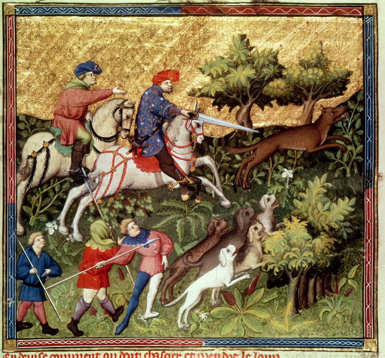 السيدة Fr 616 fol.96v Wolf hunt ، من كتاب لـ Gaston Phebus de Foix (1331-91) بواسطة المدرسة الفرنسية