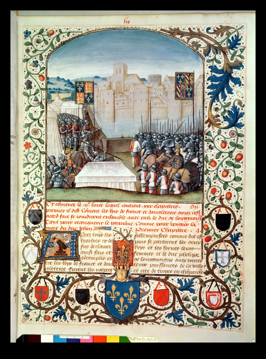 السيدة 82 82. 59 الجيوش البرغندية والإنجليزية ، من Anciennes Chroniques dAngleterre ، بقلم جان باتارد دي وافرين ، 1470-80 بواسطة المدرسة الفرنسية