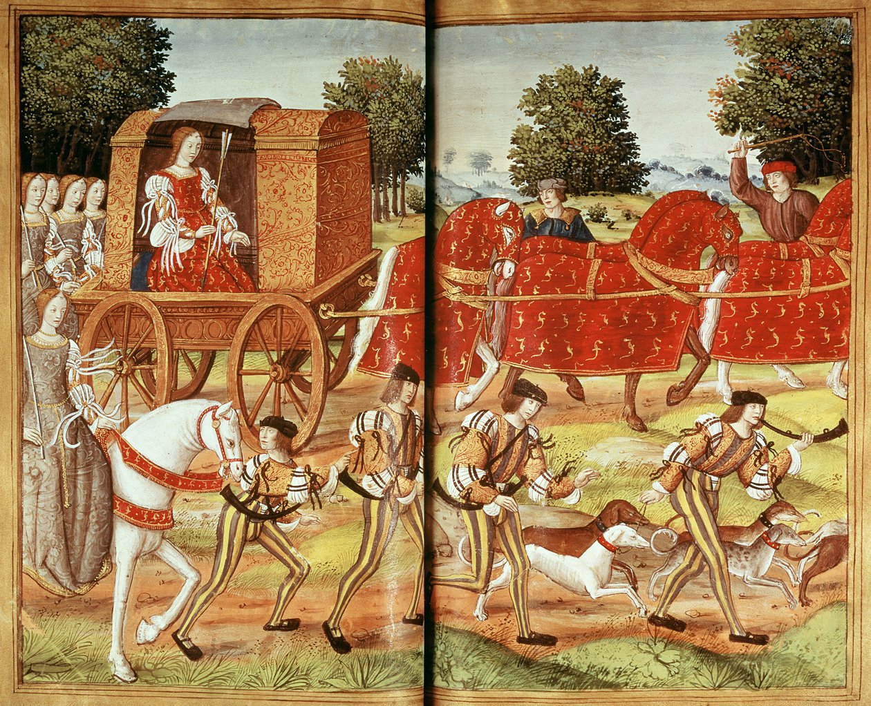 السيدة الاب 874 f.31v A Hunt ، رسم توضيحي من رسائل Ovids بواسطة المدرسة الفرنسية