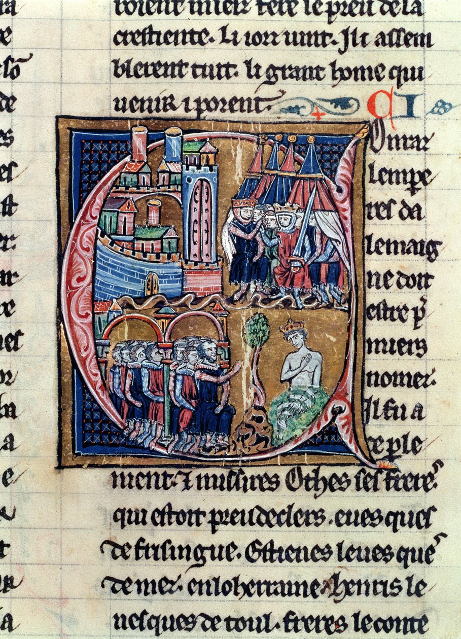 السيدة Fr 9081 fol.206 C مؤرخة أولية تاريخية تصور كونراد الثالث (1137-52) إمبراطور ألمانيا ولويس السابع (1120-1180) ملك فرنسا ، يحاصر دمشق عام 1148 ، من هيستوار دي القدس بقلم ويليام بواسطة المدرسة الفرنسية