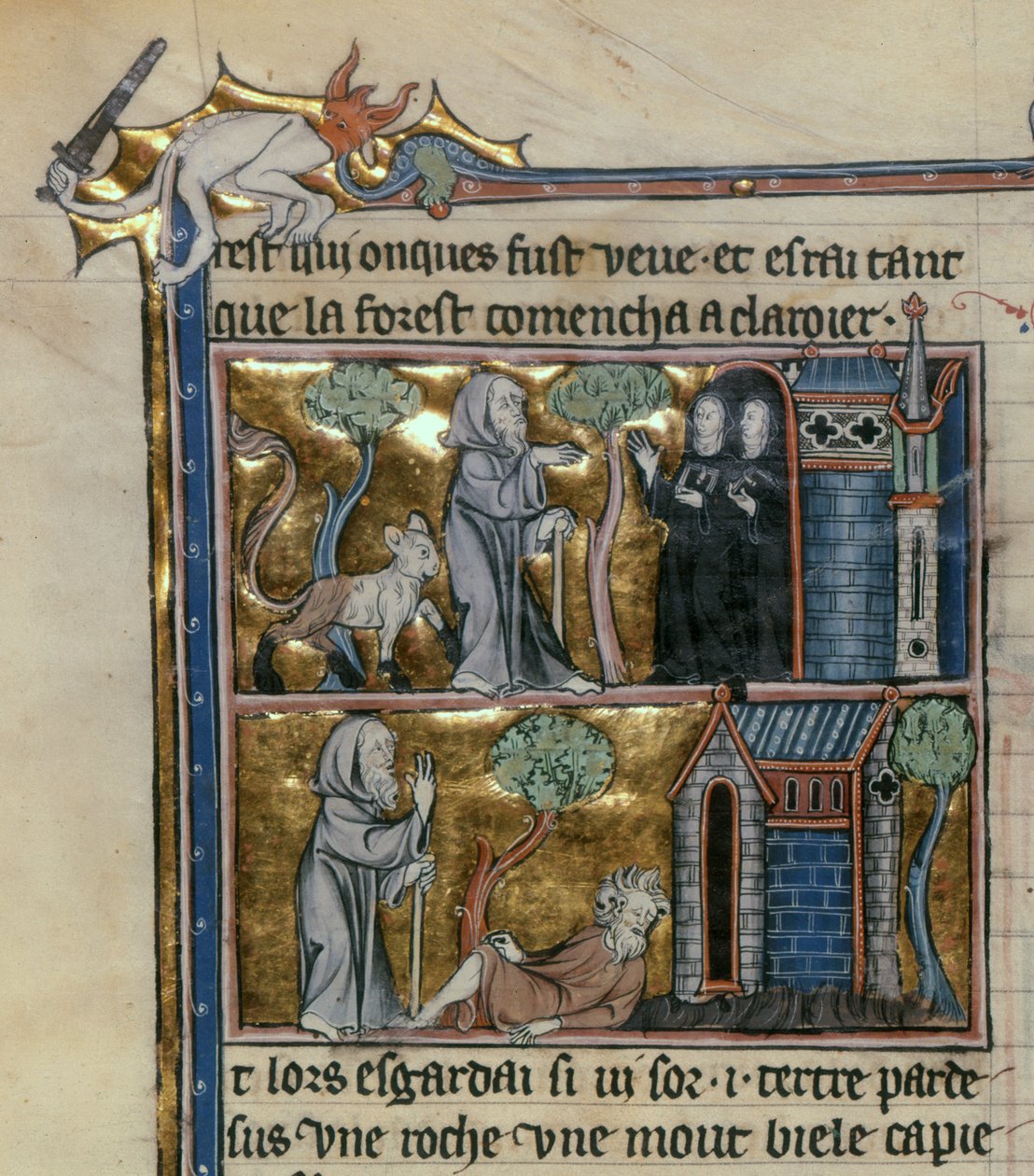 السيدة Fr 95 f.4v Hermit and beast، from lHistoire du Saint Graal، c.1280-90 بواسطة المدرسة الفرنسية