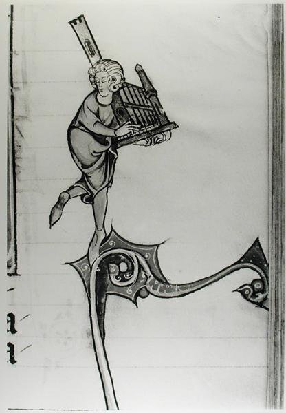 السيدة Fr 95 fol.273 موسيقار يعزف عضوًا نقديًا ، من lHistoire de Merlin ، c.1280-90 بواسطة المدرسة الفرنسية