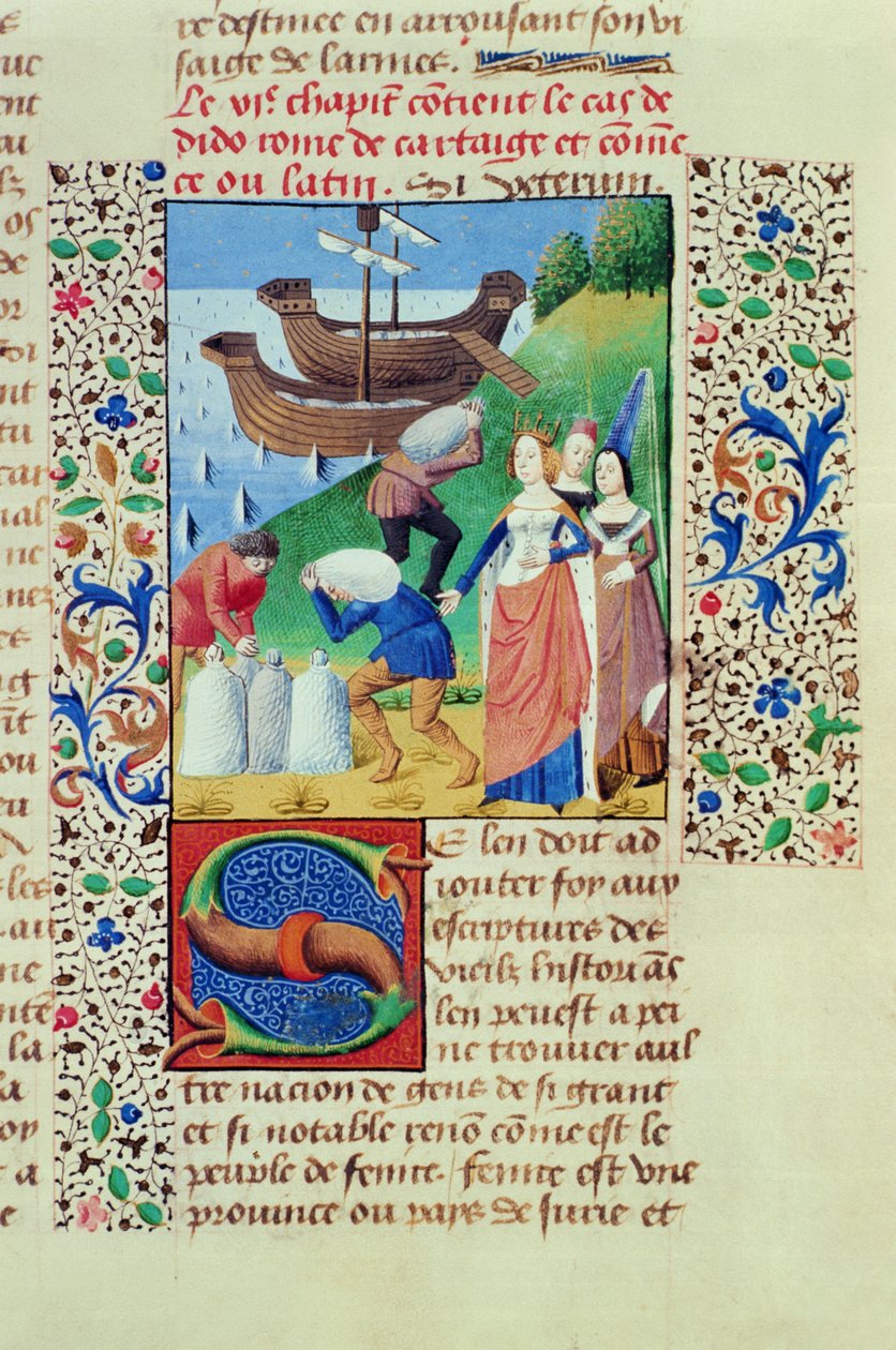 السيدة Hunter 208 f.67r Dido تشرع في كنز Sychaeus ، من سقوط الأمراء ، بقلم جيوفاني بوكاتشيو (1313-75) 1472 بواسطة المدرسة الفرنسية